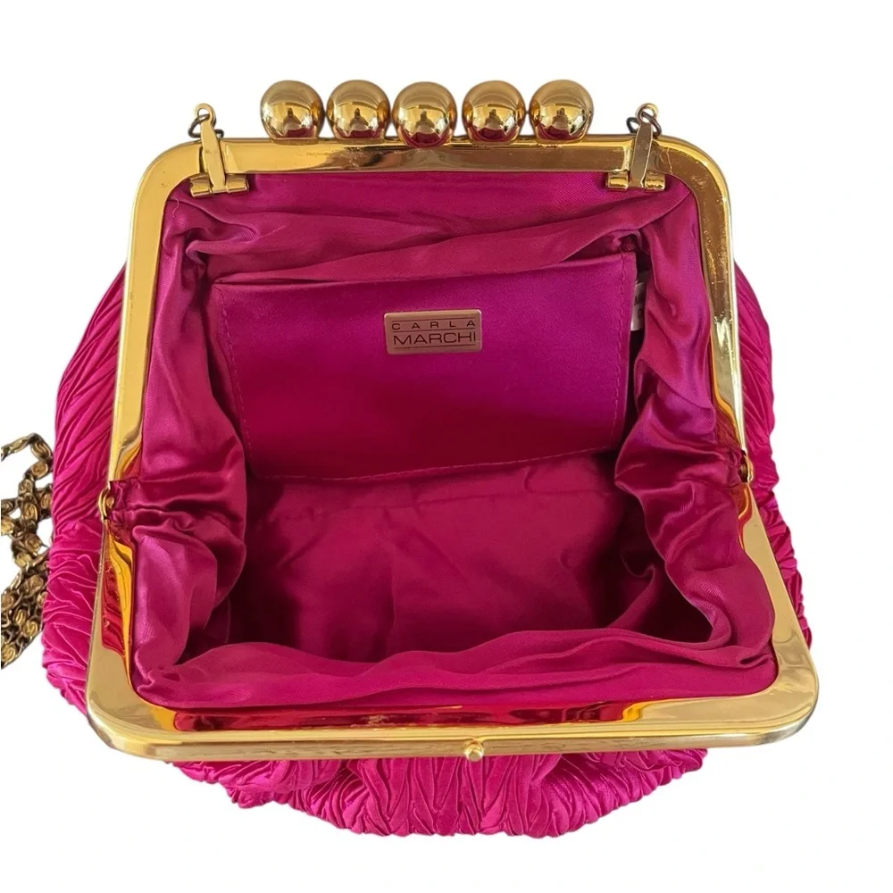 CARLA MARCHI | Pink Vintage Pleated Clutch / Evening Bag w Kisslock & Chain - Picture 10 of 13